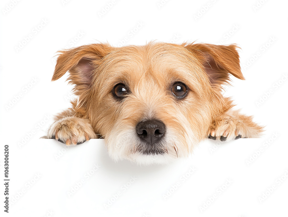 Adorable dog with curious expression peeking over white surface, showcasing its fluffy fur and bright eyes. This charming pet captures attention with its playful demeanor Adorable dog with curious expression peeking over white surface, showcasing its fluffy fur and bright eyes. This charming pet captures attention with its playful demeanor