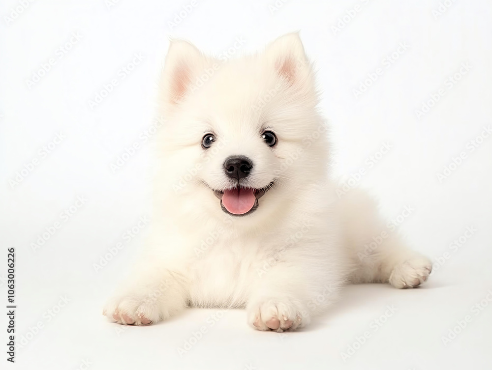 Fluffy white puppy with joyful expression, lying on white background. This adorable Samoyed puppy showcases its playful nature and soft fur, perfect for pet lovers Fluffy white puppy with joyful expression, lying on white background. This adorable Samoyed puppy showcases its playful nature and soft fur, perfect for pet lovers