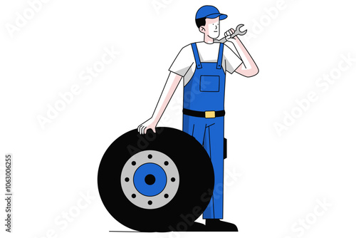 Mechanic with Tire Illustration