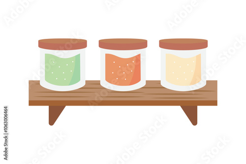 Spice jars rack. Bottles with seasoning powder. Ingredient, cooking, flavor concepts. Flat vector design isolated illustration.