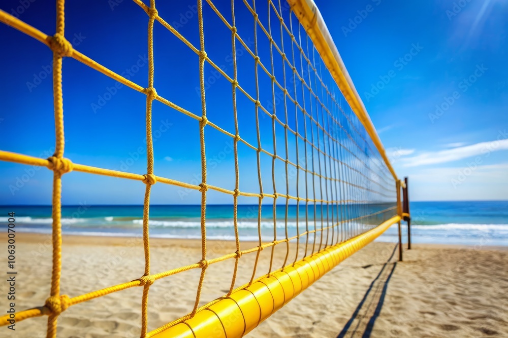 Close-Up of a Beach Volleyball Net Against a Clear Blue Sky, Showcasing the Vibrant Yellow of the Net and the Inviting Atmosphere of Active Recreation on the Beach