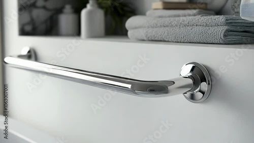 Close-up of a sleek chrome grab bar installed on a bathroom wall, with neatly folded towels and toiletries in the background.