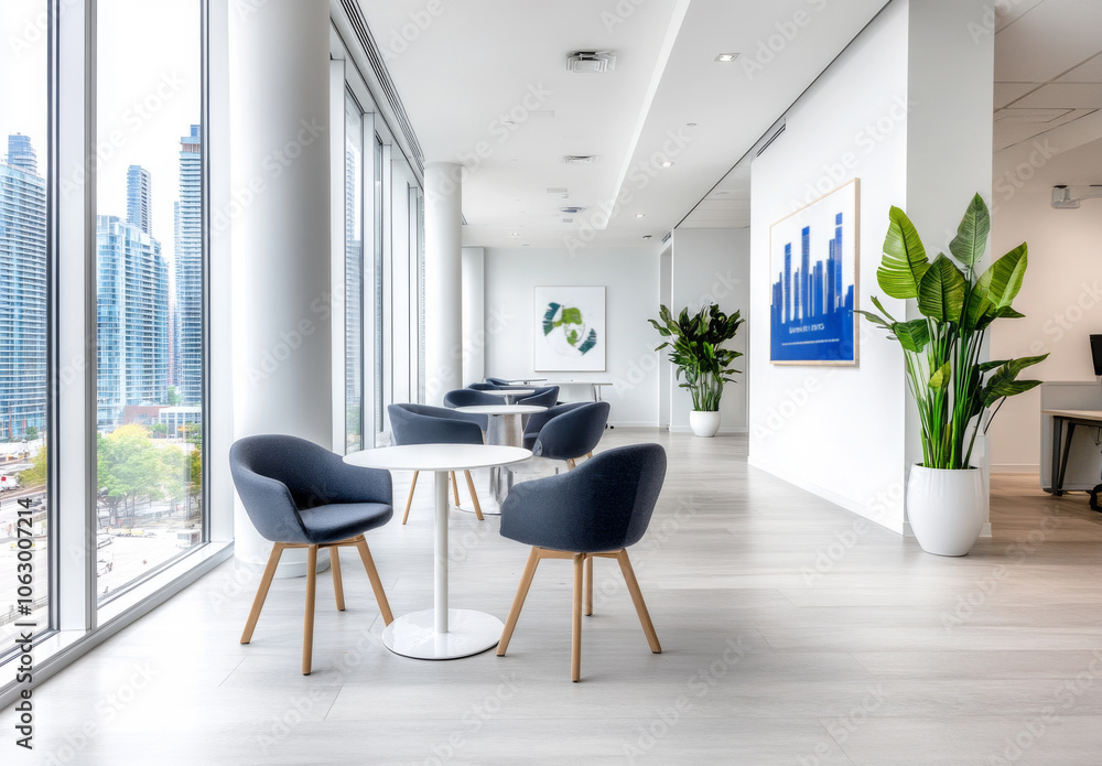 Modern office interior design with city views and natural elements Modern office interior design with city views and natural elements