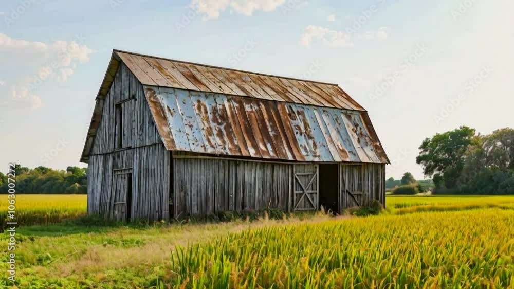 A rustic barn with a weathered roof set against a backdrop of green fields and blue sky. A rustic barn with a weathered roof set against a backdrop of green fields and blue sky.