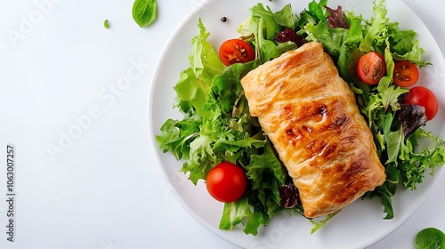 A sausage roll on a bed of salad greens.