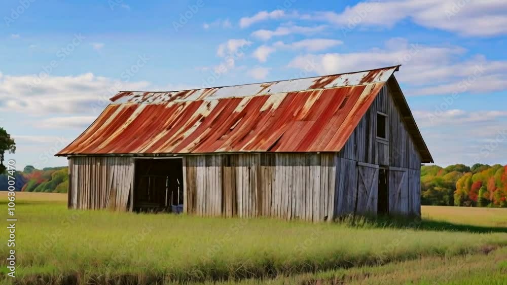 A rustic barn with a weathered roof amidst tall grass under a blue sky. A rustic barn with a weathered roof amidst tall grass under a blue sky.
