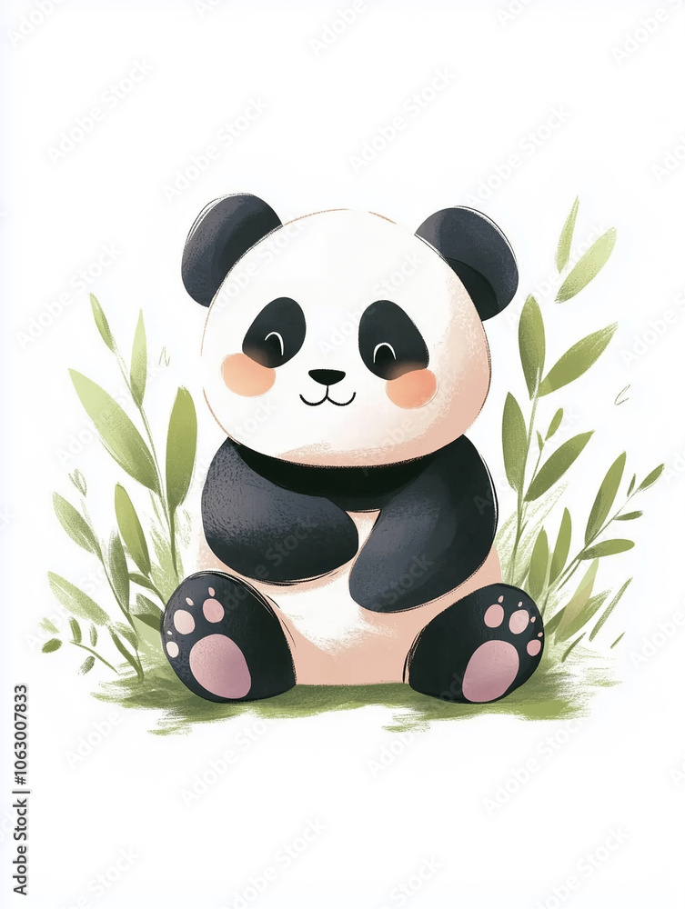 Fototapeta premium Cute Cartoon Panda Illustration with Greenery, Adorable Hand-Drawn Panda Art for Kids