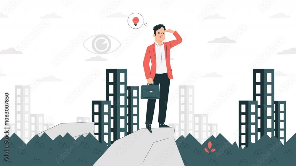 A determined businessman is on a stack of rocks, pointing at a building and clouds, to inspire viewers to pursue their dreams, 2d animation. A determined businessman is on a stack of rocks, pointing at a building and clouds, to inspire viewers to pursue their dreams, 2d animation.