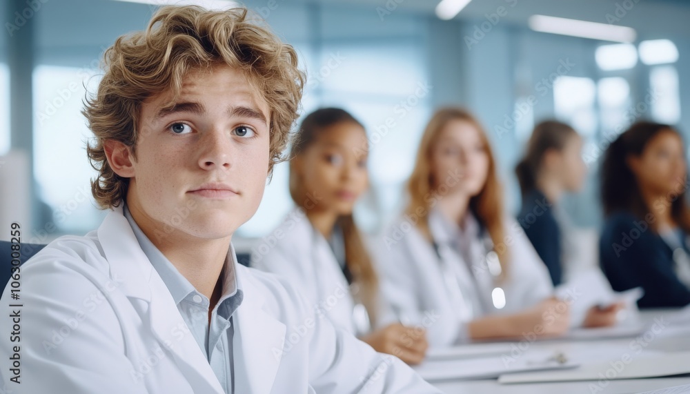 Young medical student engaged in classroom learning surrounded by peers and future professionals Young medical student engaged in classroom learning surrounded by peers and future professionals