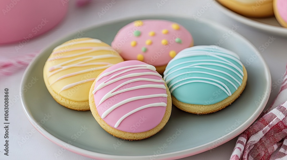 Bright Easter egg cookies with pastel icing arranged on a festive plate. Bright Easter egg cookies with pastel icing arranged on a festive plate.
