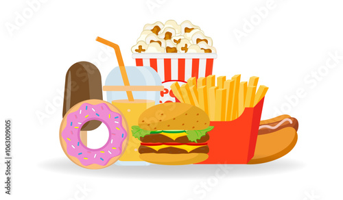 Obraz na płótnie Colourful fast food vector isolated on white background. Fast food hamburger dinner and restaurant, delicious set of fast food lots of food and unhealthy fast food classic food in flat style. w salonie