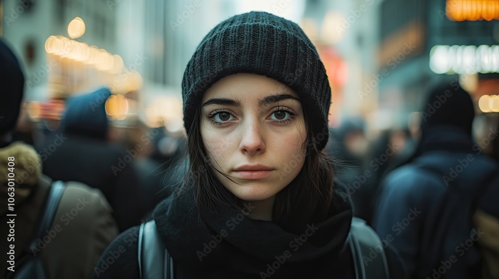 Sad woman with a black beanie blends into a crowd, conveying a sense of solitude. The image captures the emotions of a sad woman amidst the bustling surroundings, with ample copy space. Sad woman with a black beanie blends into a crowd, conveying a sense of solitude. The image captures the emotions of a sad woman amidst the bustling surroundings, with ample copy space.