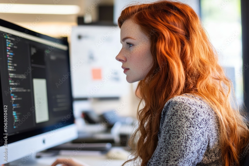 Close-up redhead young white collar woman working with computer Close-up redhead young white collar woman working with computer