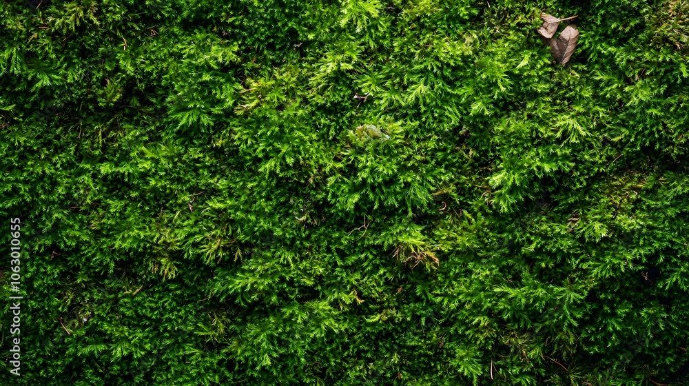 Lush Green Moss Texture with a Single Fallen Leaf Lush Green Moss Texture with a Single Fallen Leaf