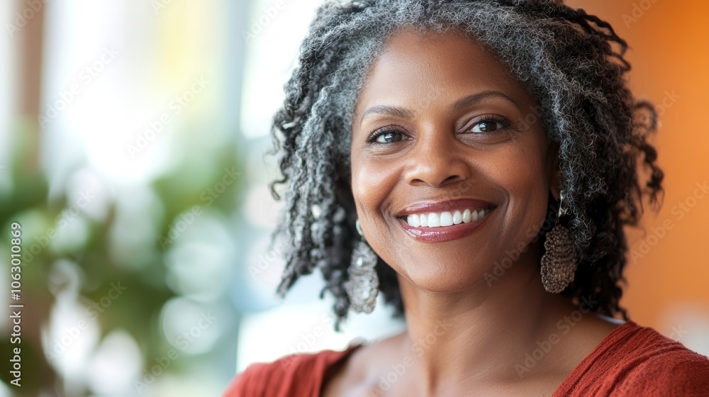 Portrait of a smiling black woman captured in a bright setting with ample copy space, emphasizing her joyful expression and warmth in the image. Portrait of a smiling black woman captured in a bright setting with ample copy space, emphasizing her joyful expression and warmth in the image.