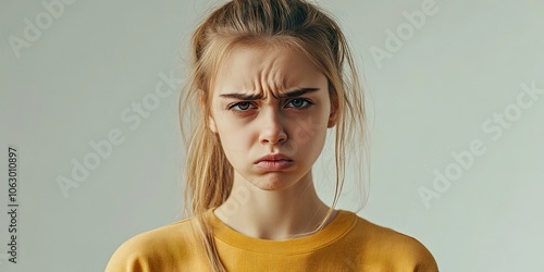 Angry young woman displaying a scowl reflects her feelings of displeasure and discontent. The frown clearly indicates her strong dissatisfaction.