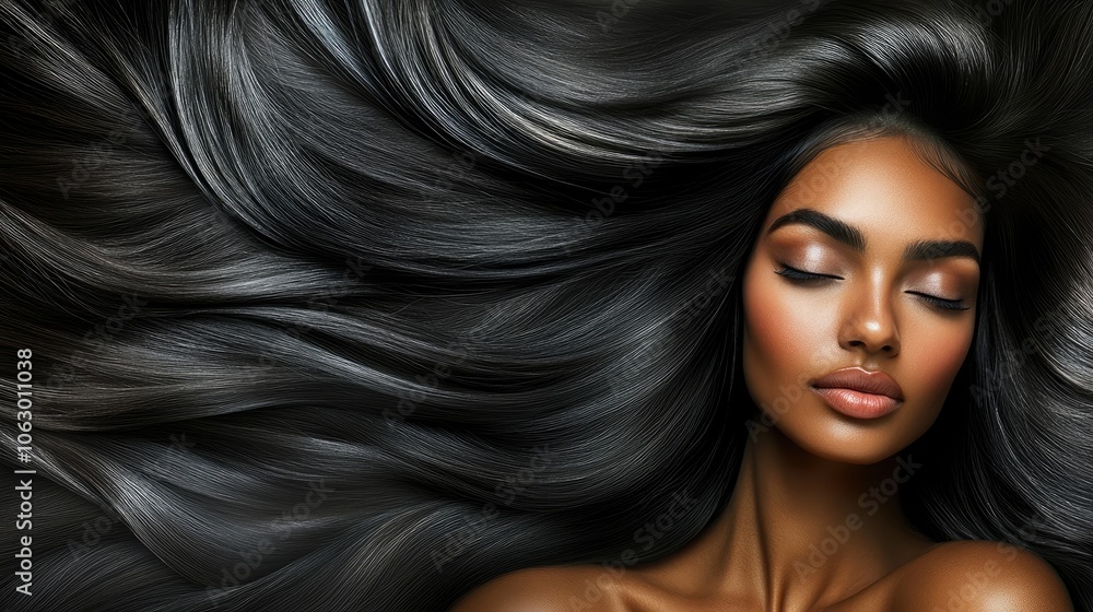 Fototapeta premium Beauty portrait highlighting a model with radiant skin and flowing long hair, offering a captivating view with ample copy space for text or design elements.