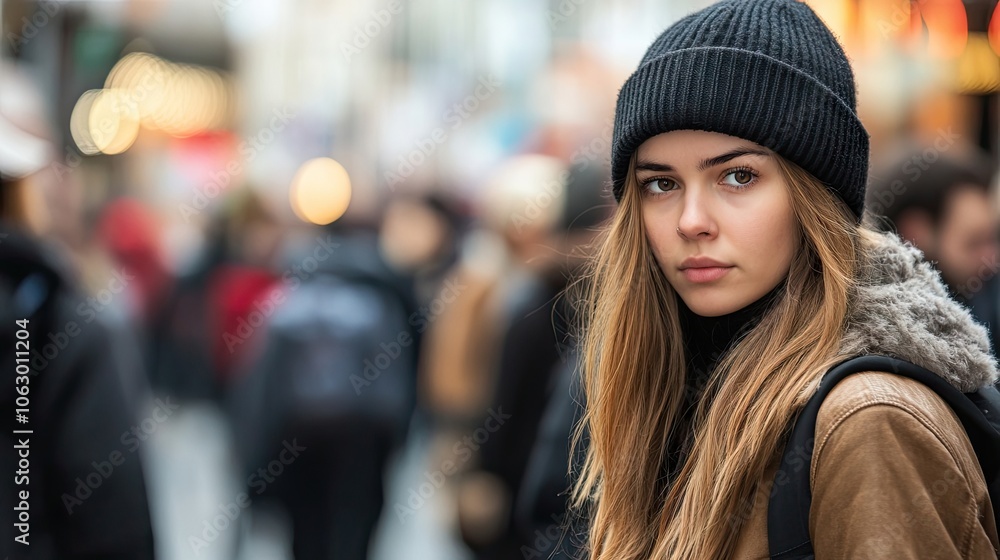 Sad woman with a black beanie blends into a crowd, conveying a sense of solitude. The image captures the emotions of a sad woman amidst the bustling surroundings, with ample copy space. Sad woman with a black beanie blends into a crowd, conveying a sense of solitude. The image captures the emotions of a sad woman amidst the bustling surroundings, with ample copy space.