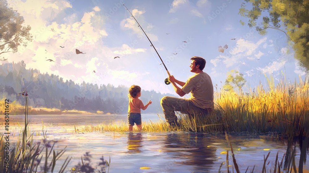 Father and son fishing, smiles and laughter as they bond. Father and son fishing, smiles and laughter as they bond.
