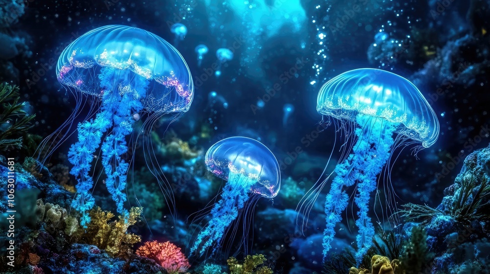 Ethereal Jellyfish in a Luminous Underwater Scene Ethereal Jellyfish in a Luminous Underwater Scene