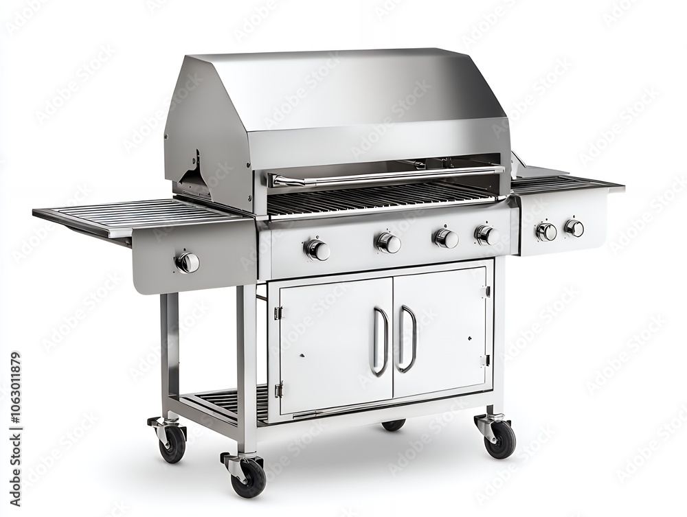 Stainless steel gas grill with four burners, side table, and storage cabinet on wheels. Stainless steel gas grill with four burners, side table, and storage cabinet on wheels.