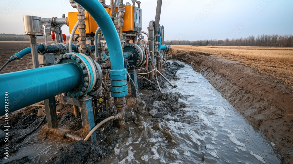 Industrial drilling operation with mud and fluid circulation using blue pipes and equipment in a muddy field landscape. Industrial drilling operation with mud and fluid circulation using blue pipes and equipment in a muddy field landscape.