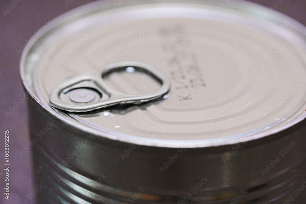close-up. A tin can with canned is closed. close-up. A tin can with canned is closed.