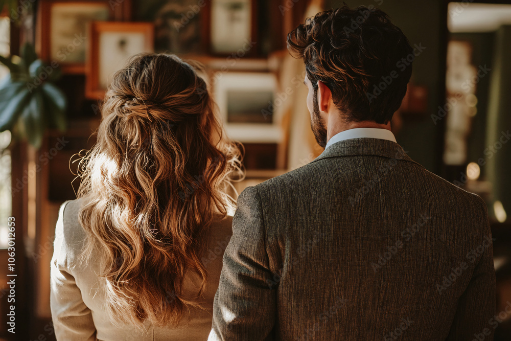 Bride and groom seated together from behind in a rustic room with framed pictures on the wall creating a vintage romantic atmosphere
Bride and groom seated together from behind in a rustic room with framed pictures on the wall creating a vintage romantic atmosphere