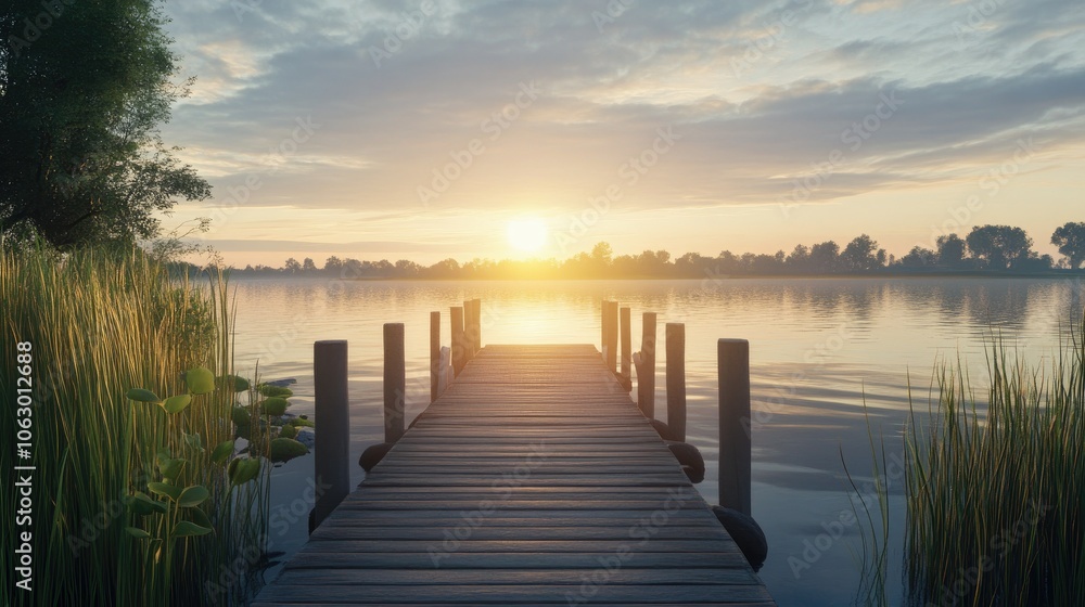 Serene Sunset Over Calm Lake with Wooden Pier Serene Sunset Over Calm Lake with Wooden Pier