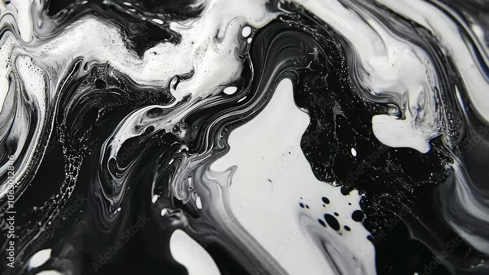 This image showcases an abstract pattern created by swirling black and white paint, emphasizing fluidity and contrast, ideal for artistic inspiration or design backgrounds.