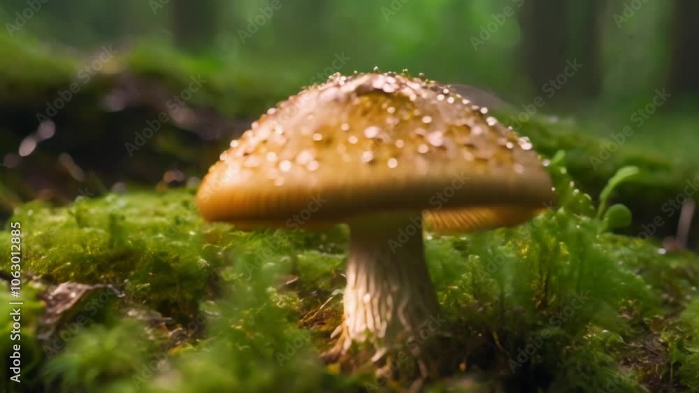 Single brown mushroom with water droplets growing on moss in a forest. Single brown mushroom with water droplets growing on moss in a forest.