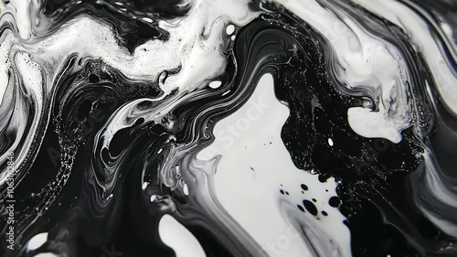 This image showcases an abstract pattern created by swirling black and white paint, emphasizing fluidity and contrast, ideal for artistic inspiration or design backgrounds.