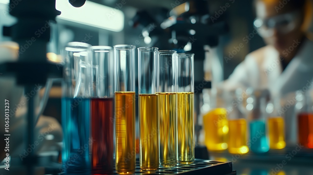 Close-up of Test Tubes with Colored Liquids in a Laboratory Setting Close-up of Test Tubes with Colored Liquids in a Laboratory Setting