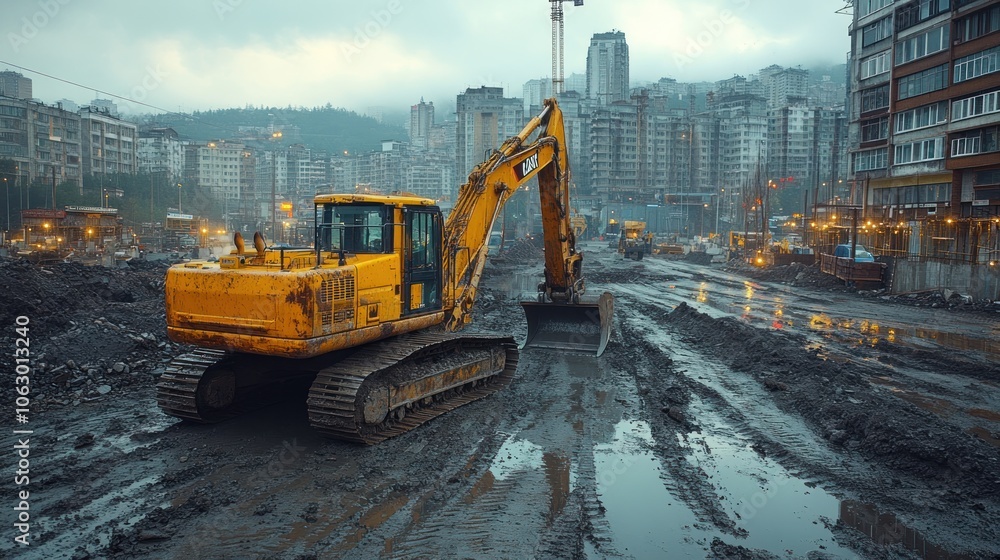 A yellow excavator sits on a muddy construction site in a city with a backdrop of skyscrapers and traffic. A yellow excavator sits on a muddy construction site in a city with a backdrop of skyscrapers and traffic.