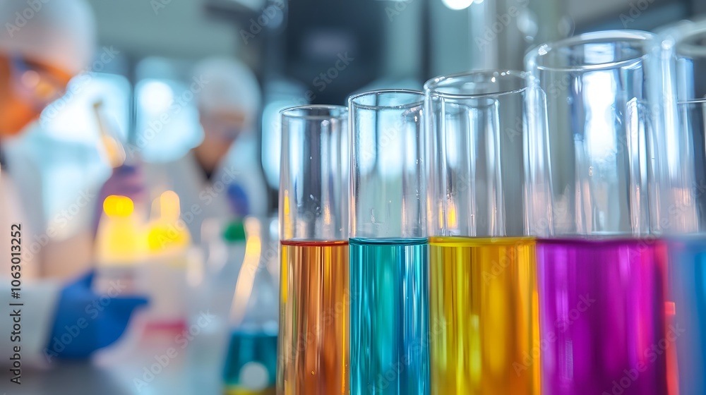 Close-up of Colorful Liquids in Glass Test Tubes in a Laboratory Setting Close-up of Colorful Liquids in Glass Test Tubes in a Laboratory Setting