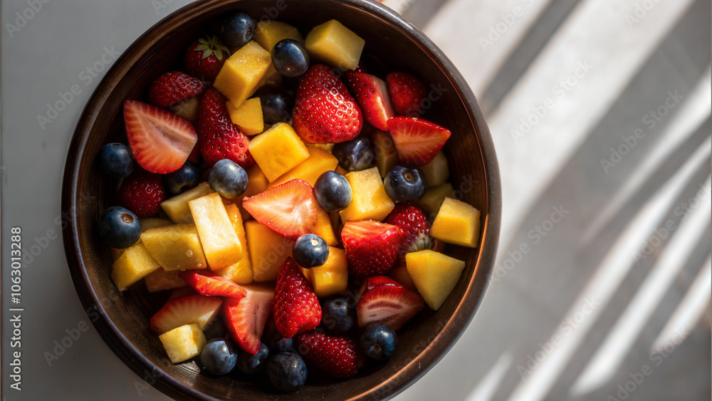 Vibrant fruit salad with strawberries, blueberries, and mango in a wooden bowl Vibrant fruit salad with strawberries, blueberries, and mango in a wooden bowl