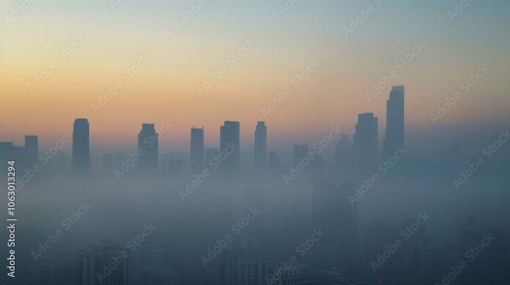 A serene foggy cityscape bathed in the soft light of sunrise, creating a mystical atmosphere and a sense of calm. A serene foggy cityscape bathed in the soft light of sunrise, creating a mystical atmosphere and a sense of calm.