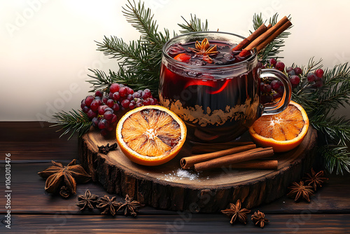 winterlicher Glühwein mit Orange und Zimt auf rustikalen Holzbrett photo