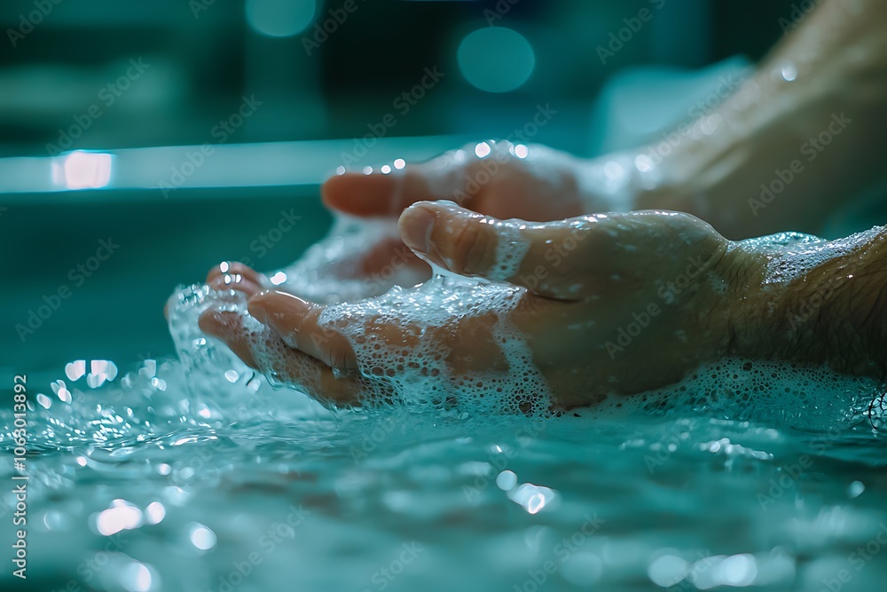 Fototapeta premium A close-up of hands washing in clear water, creating bubbles and splashes, emphasizing cleanliness and hygiene.