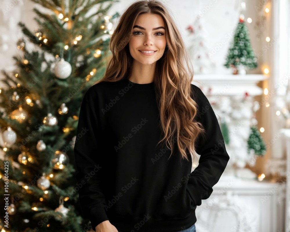 Christmas themed black sweatshirt mockup, female model wearing black sweatshirt with new year gift packages Christmas themed black sweatshirt mockup, female model wearing black sweatshirt with new year gift packages
