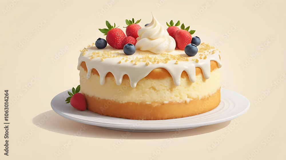 Vanilla sponge cake with cream topping on a soft cream background. Vanilla sponge cake with cream topping on a soft cream background.