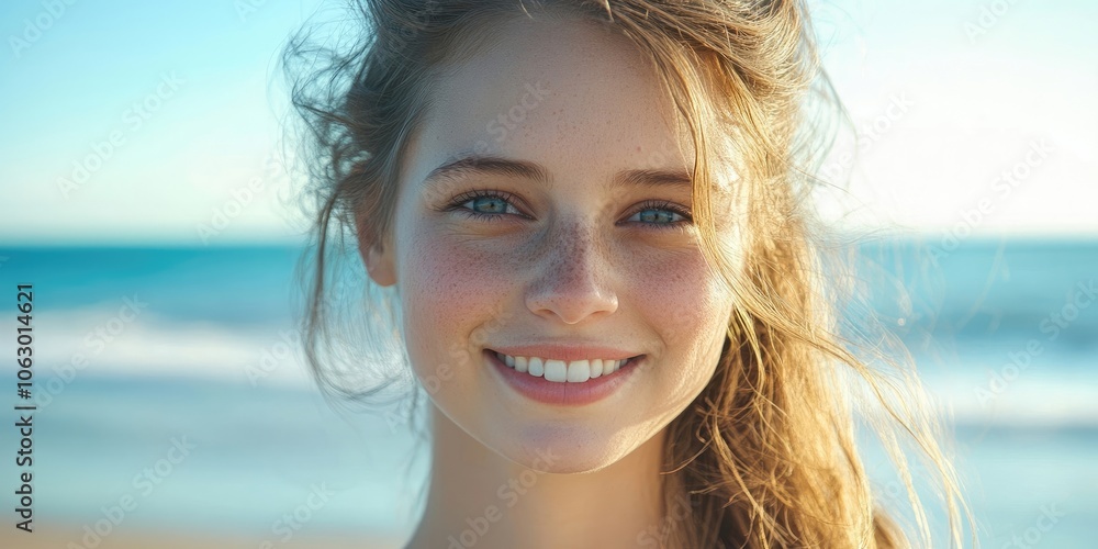 A close up portrait captures a lovely young woman smiling at the beach, with the serene sea horizon in the background, showcasing her beauty in the outdoor setting. A close up portrait captures a lovely young woman smiling at the beach, with the serene sea horizon in the background, showcasing her beauty in the outdoor setting.