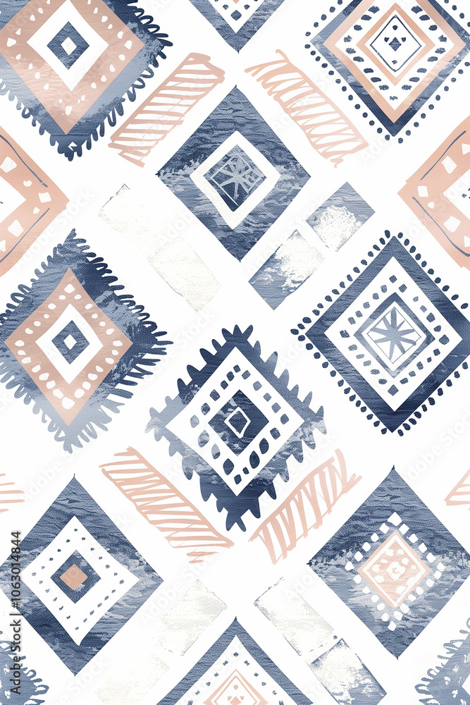Abstract diamond shapes in soft blue and beige tones create a rustic yet modern feel. Abstract diamond shapes in soft blue and beige tones create a rustic yet modern feel.