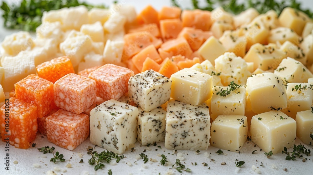 A variety of cubed cheeses arranged in rows on a white surface. A variety of cubed cheeses arranged in rows on a white surface.