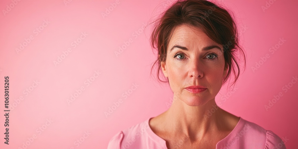 A middle aged Caucasian woman is intently looking at the camera, set against a pink backdrop. Her expression appears serious and focused. A middle aged Caucasian woman is intently looking at the camera, set against a pink backdrop. Her expression appears serious and focused.