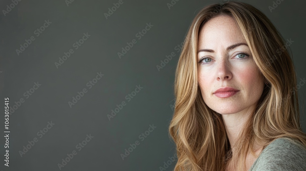 Portrait of a woman in her 30s with medium, long light hair, positioned to fill the frame on the right, allowing for ample copy space on the left for text or branding. Portrait of a woman in her 30s with medium, long light hair, positioned to fill the frame on the right, allowing for ample copy space on the left for text or branding.