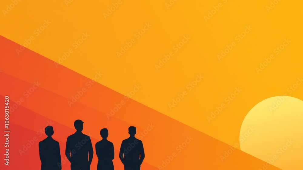 Fototapeta premium A silhouetted group of four figures stands against a vibrant sunset, showcasing a gradient of warm colors in the sky.