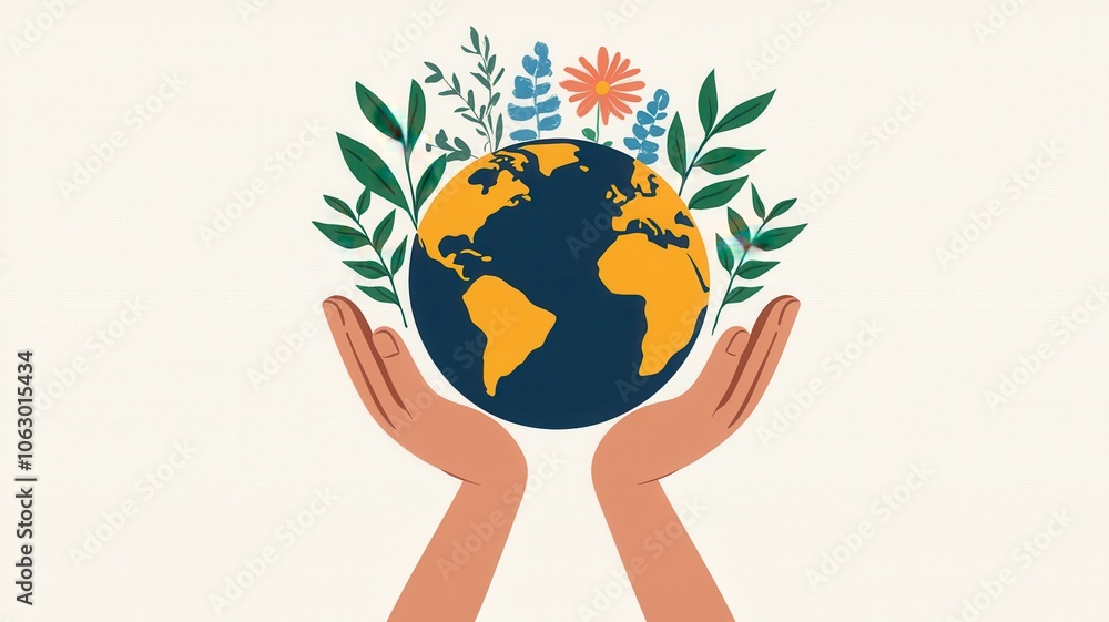 A colorful illustration of hands holding a globe surrounded by plants and flowers, symbolizing environmental care and global unity. A colorful illustration of hands holding a globe surrounded by plants and flowers, symbolizing environmental care and global unity.
