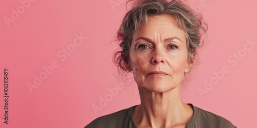 A middle aged Caucasian woman is intently looking at the camera, set against a pink backdrop. Her expression appears serious and focused.