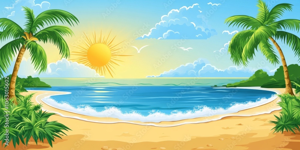 A picture representing the beauty of a summer vacation. It shows a beach, the ocean, the sun in the sky, and the water. A picture representing the beauty of a summer vacation. It shows a beach, the ocean, the sun in the sky, and the water.